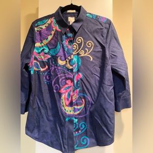 Pretty Chico’s blue no-iron button down with paisley & artsy print - Size L/ 12